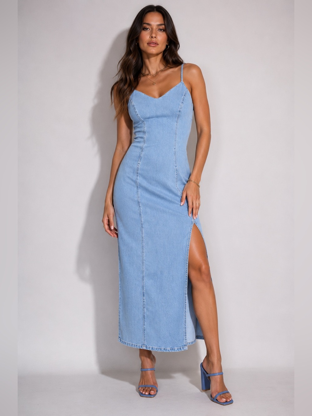 NWT Sweetheart Denim Slit Midi Dress - LIGHT WASH